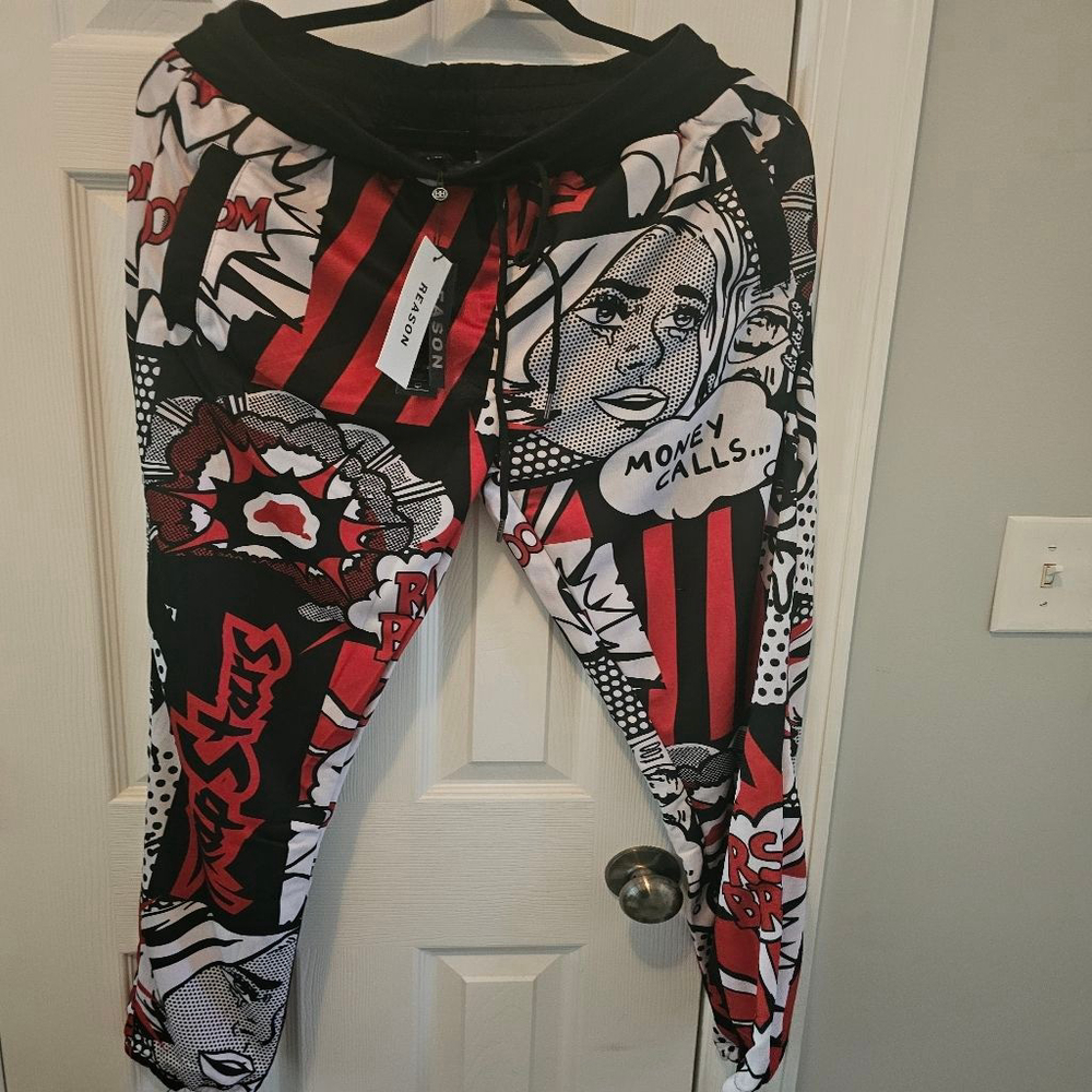 Men's Reason Black Red Comic Print Joggers Size L